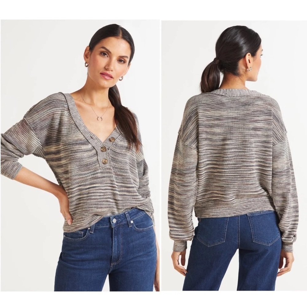 Free People Knit Henley Sweater Sz XS Brown Mercury Marled Long Sleeve Pullover